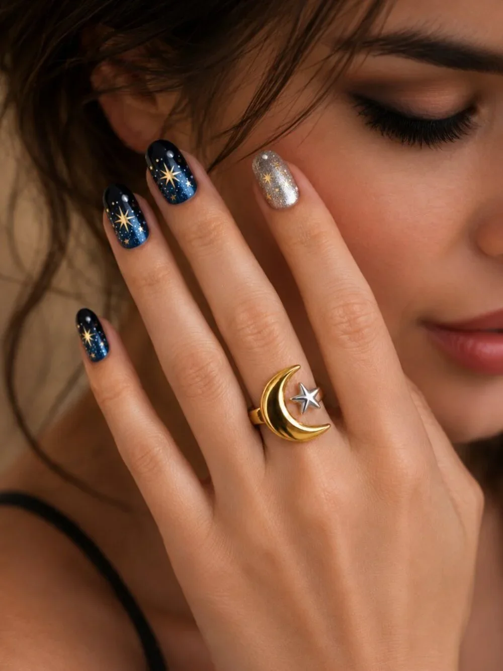 Two-Tone Moon Star Celestial Ring 18K Gold Plated Stainless Steel Adjustable 7-9